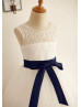 Ivory Lace Handkerchief Tulle Skirt Keyhole Back Flower Girl Dress